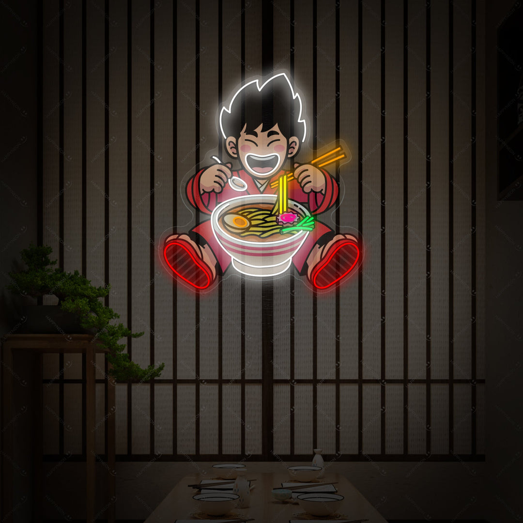 Junge und Ramen-Nudel Neonschild, Japanische Restaurantdekoration
