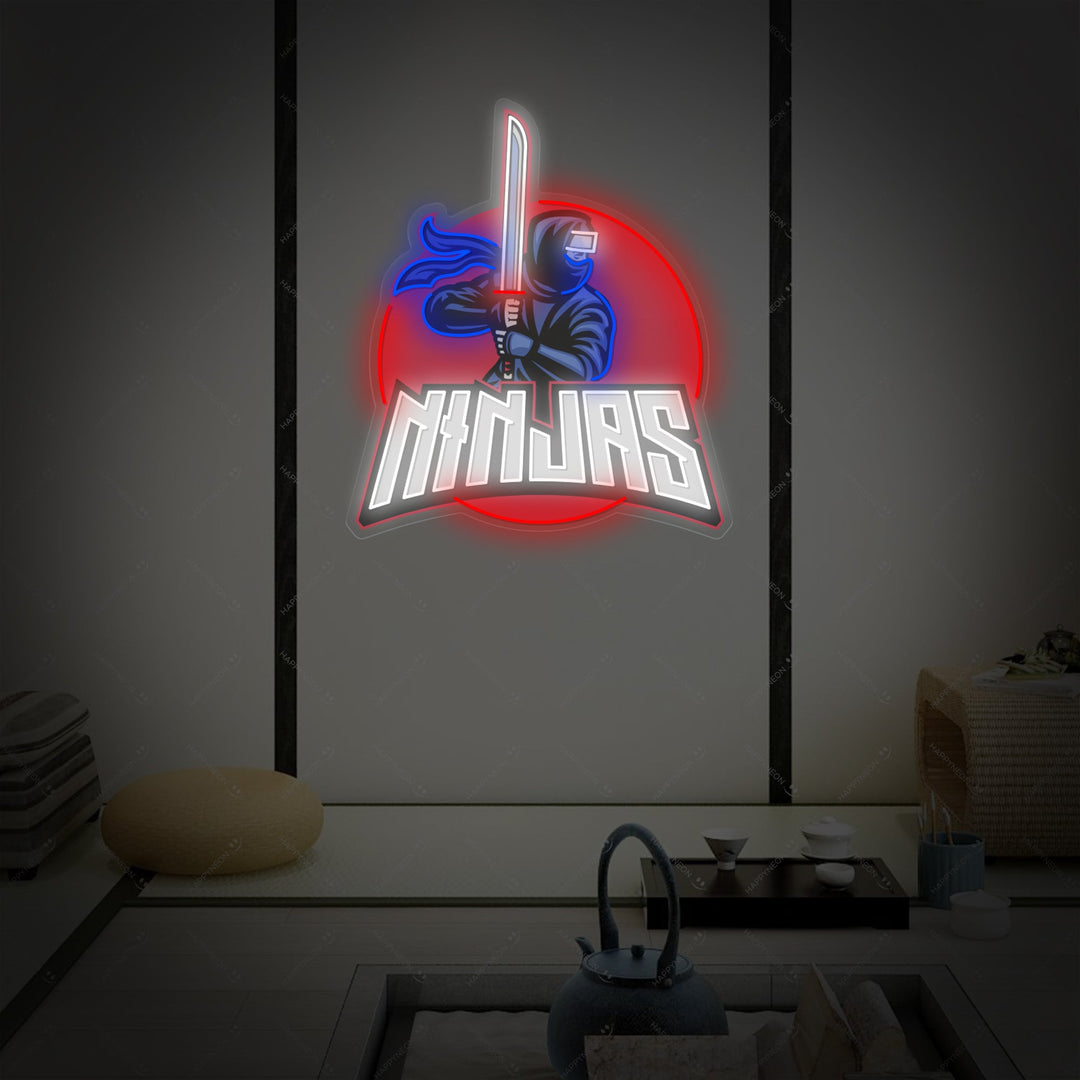 Ninja-Maskottchen mit dem Katana-Schwert Neonschild, Japanisches Neon-Schild