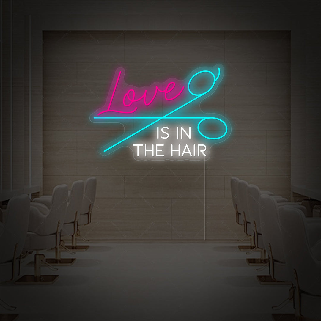 "Love Is In The Hair" Neonschild, Barbershop Leuchtreklame, Barbershop Leuchtschild
