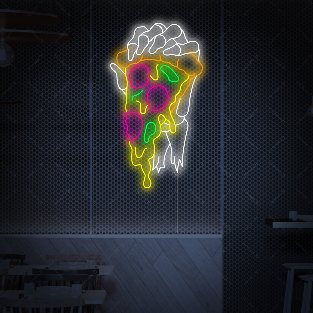 "Skeletthand hält Pizza" Neonschild