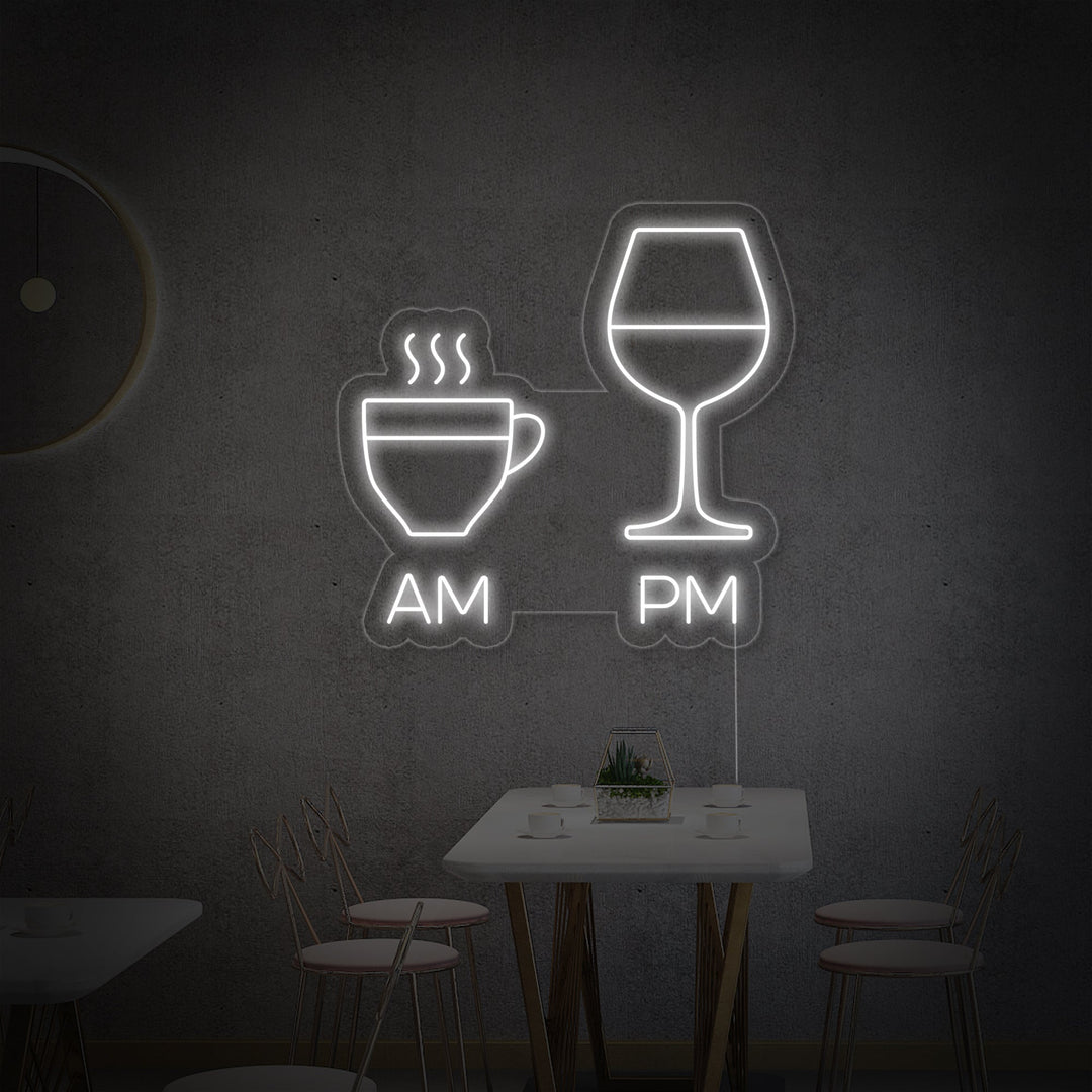 "AM, PM, Kaffeetassen, Weingläser, Bar" Neonschrift