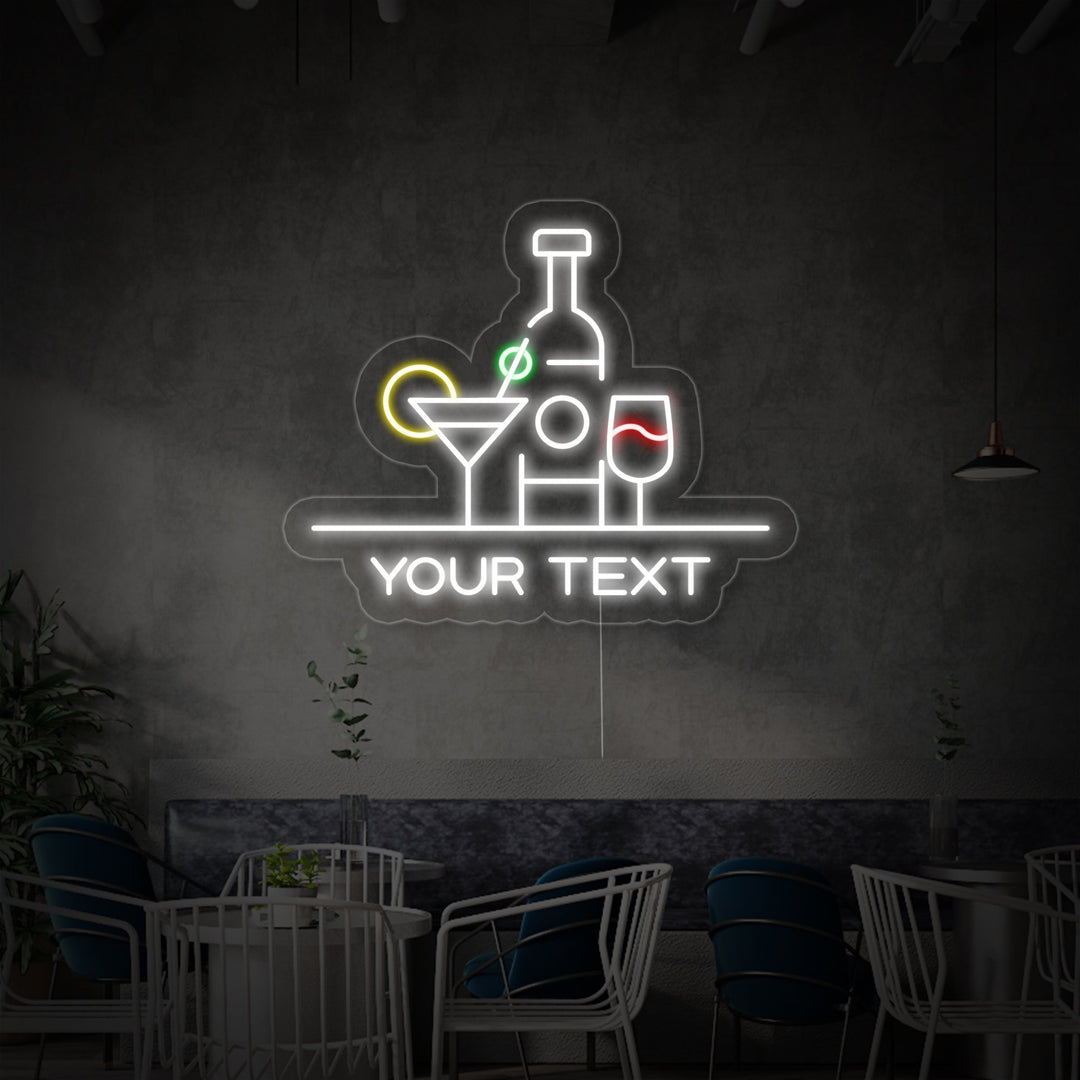 "Flaschen, Cocktails, Bar" Neonschrift, Cocktailschild, Cocktail Leuchtreklame