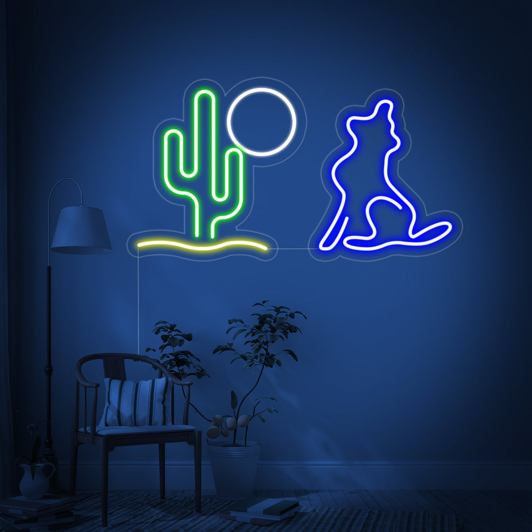 "Kaktus, Mond, Wolf" Neonschrift