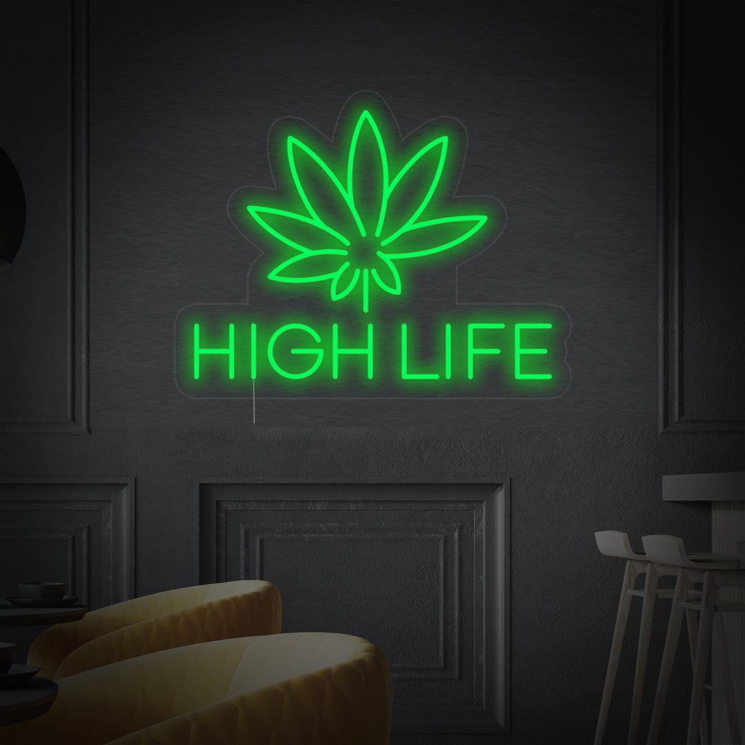 "Marijuana High Life" Neonschrift, Marijuana Leuchtreklame, Marijuana Leuchtschild