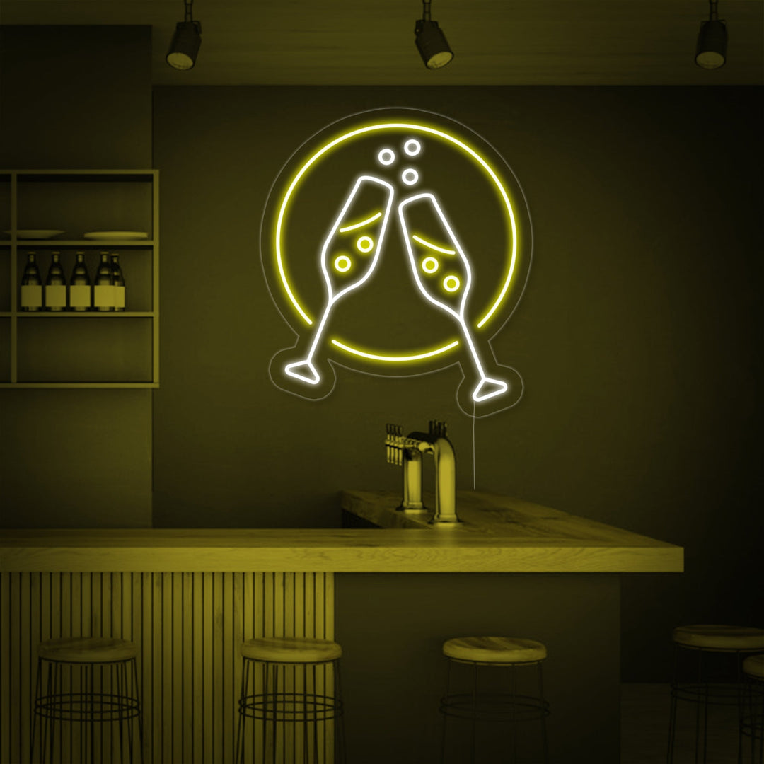"Champagnergläser, Prost" Neonschrift