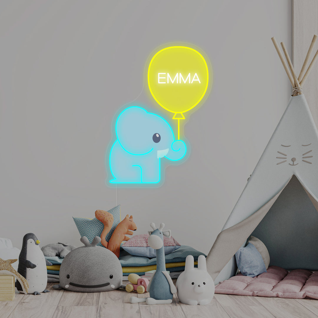 "Angepasster Name Mit Elefant Und Ballon, Kinderzimmerdekoration" Neonschrift