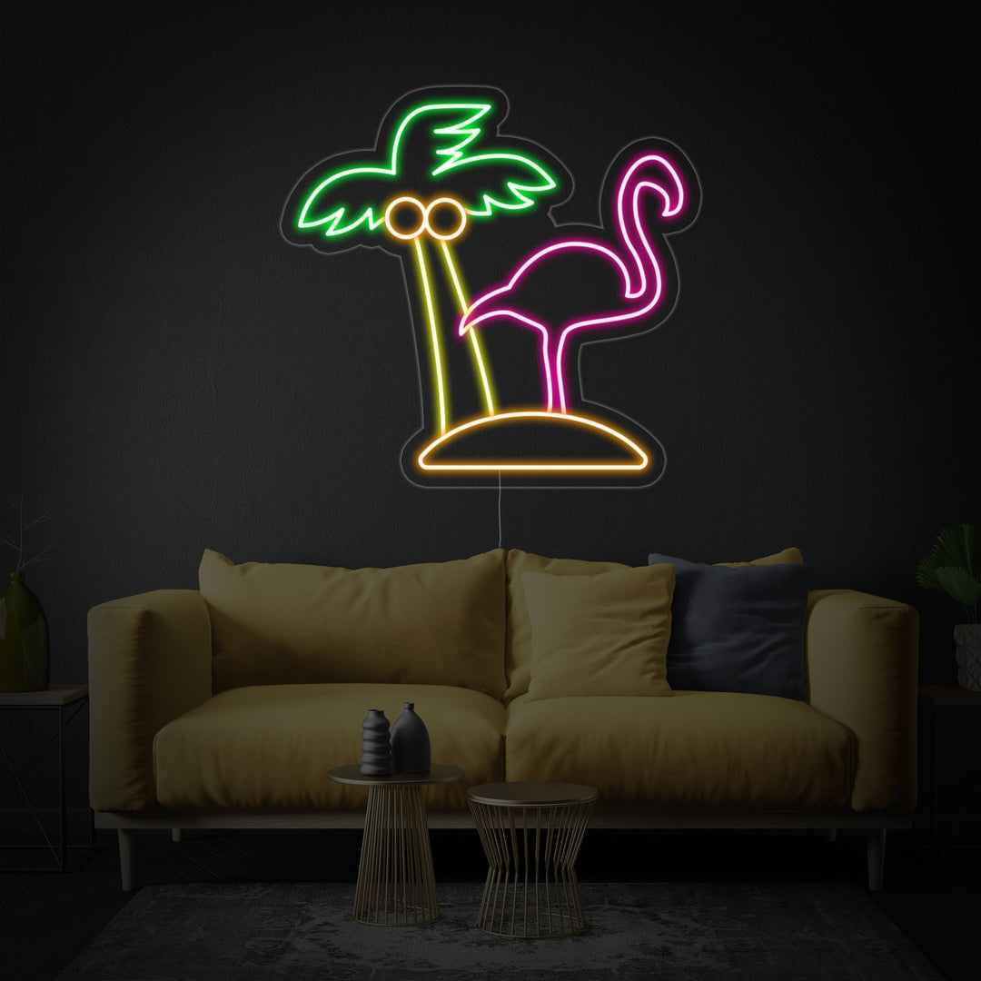 "Flamingo, Palme, Strand" Neonschrift