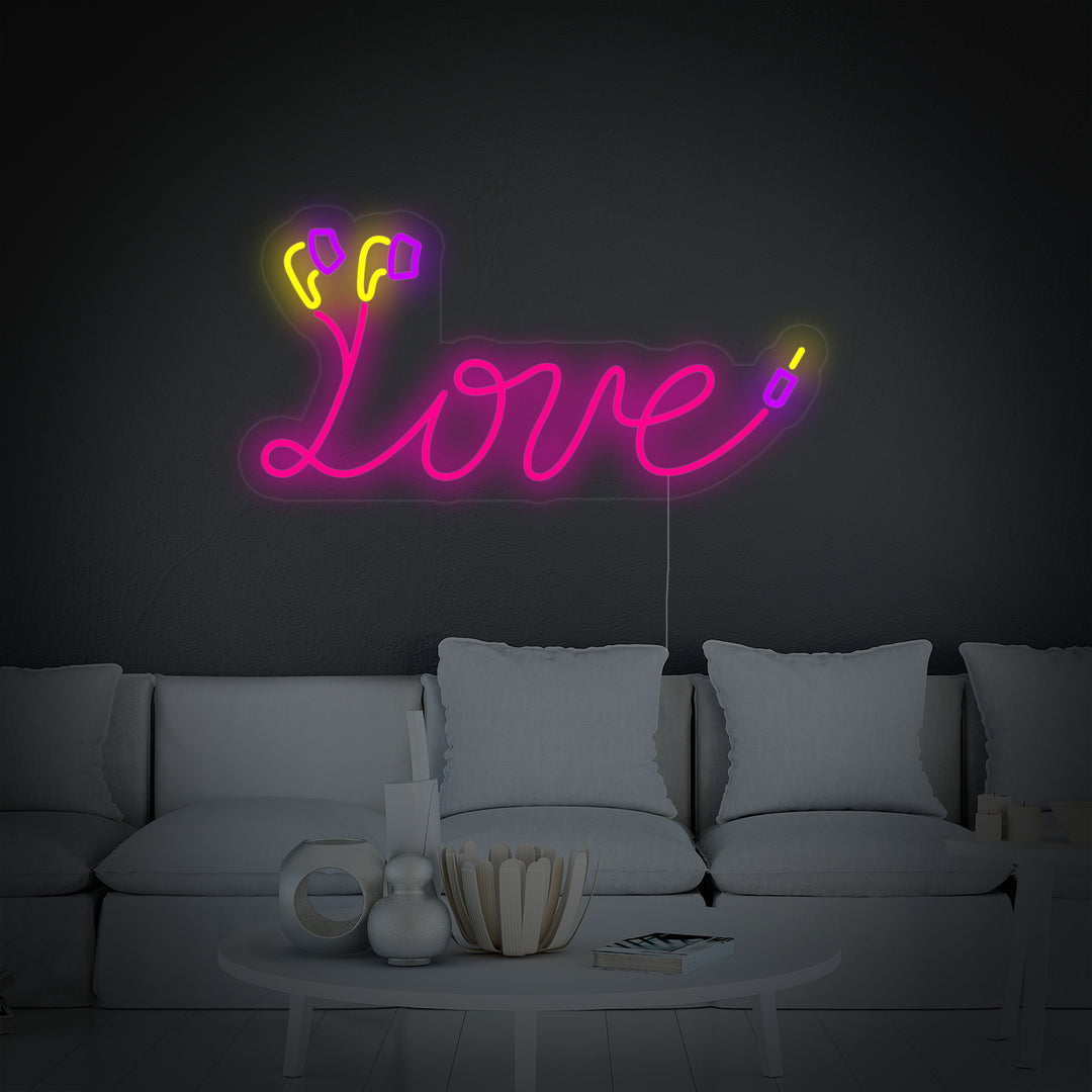 "love, Kopfhörerkabel" Neonschrift