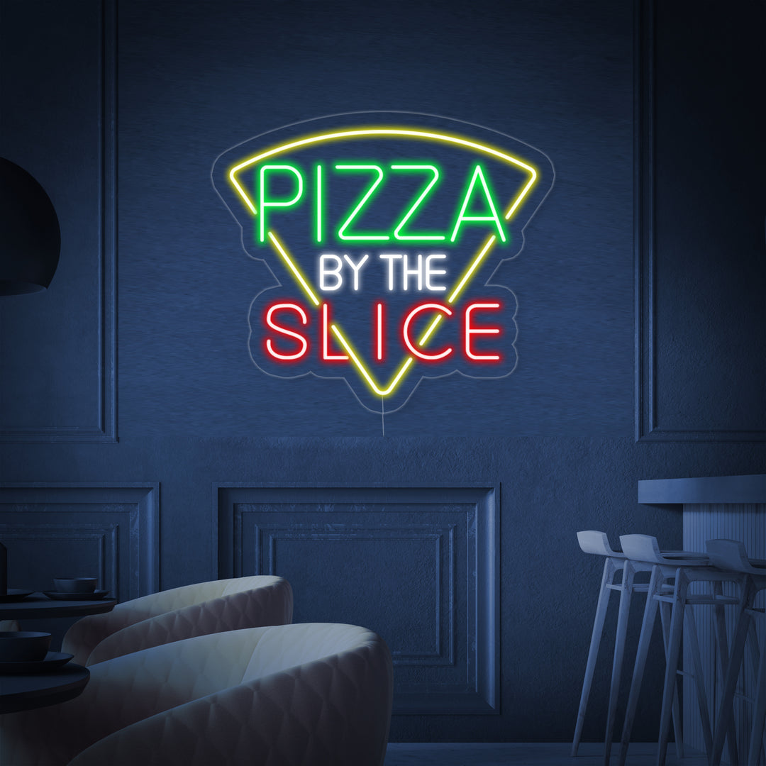 "Pizza By The Slice" Neonschrift, Pizza Leuchtreklame, Pizza Leuchtschild