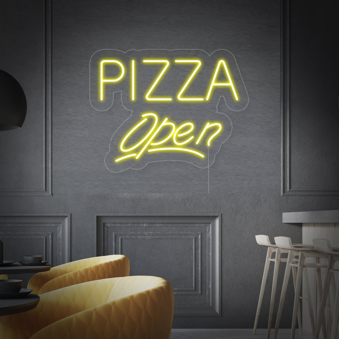 "Pizza Open" Neonschrift, Pizza Leuchtreklame, Pizza Leuchtschild