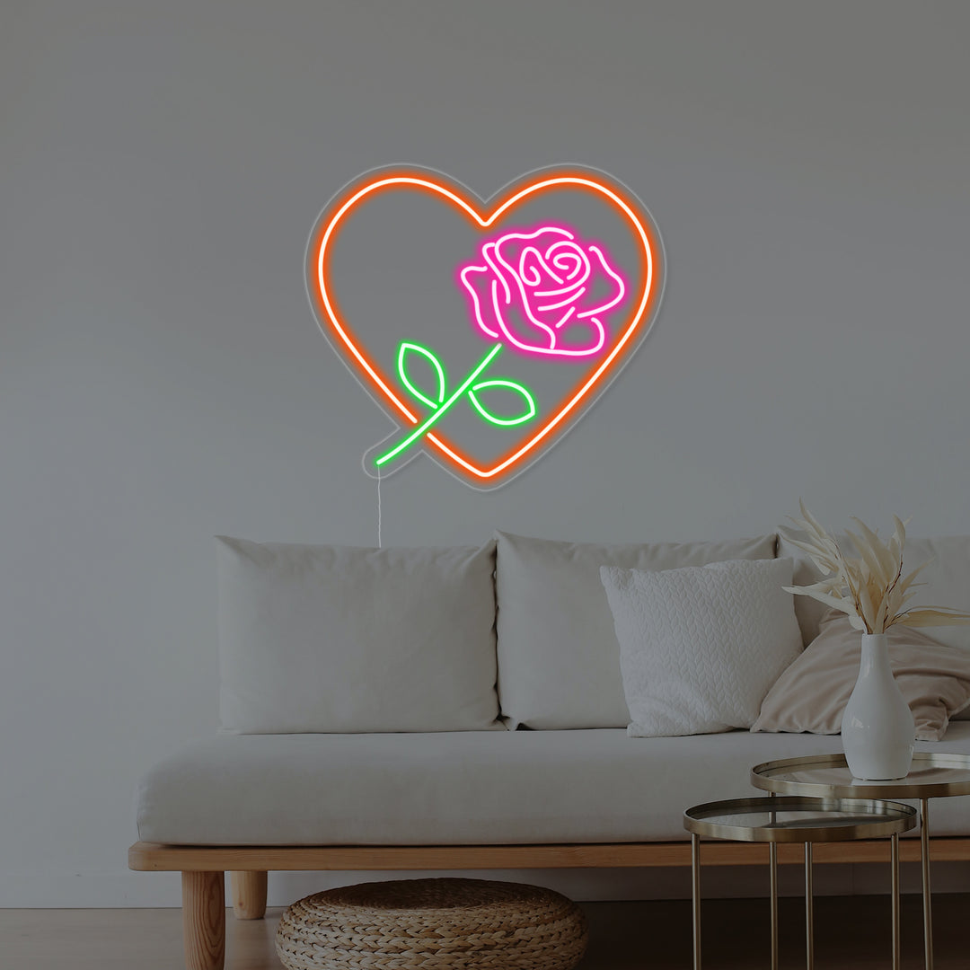"Rosenblume, Herzform, Liebe" Neonschrift