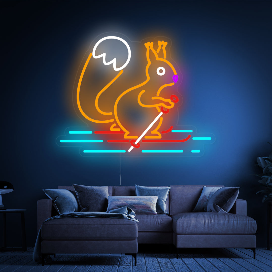 "Eichhörnchen Skifahren" Neonschrift, Skifahren Leuchtreklame