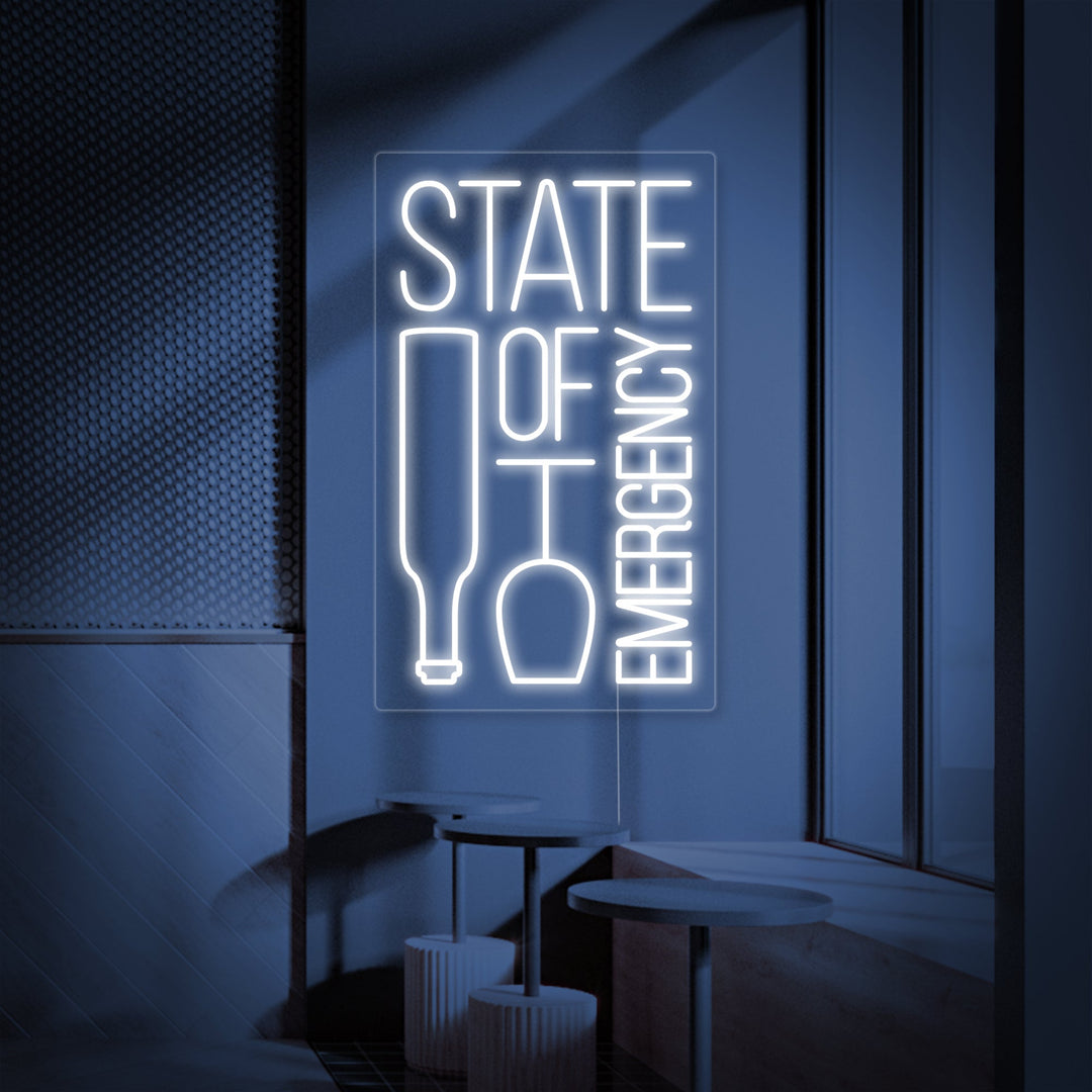 "State of Emergency, Weinflasche, Bar" Neonschrift