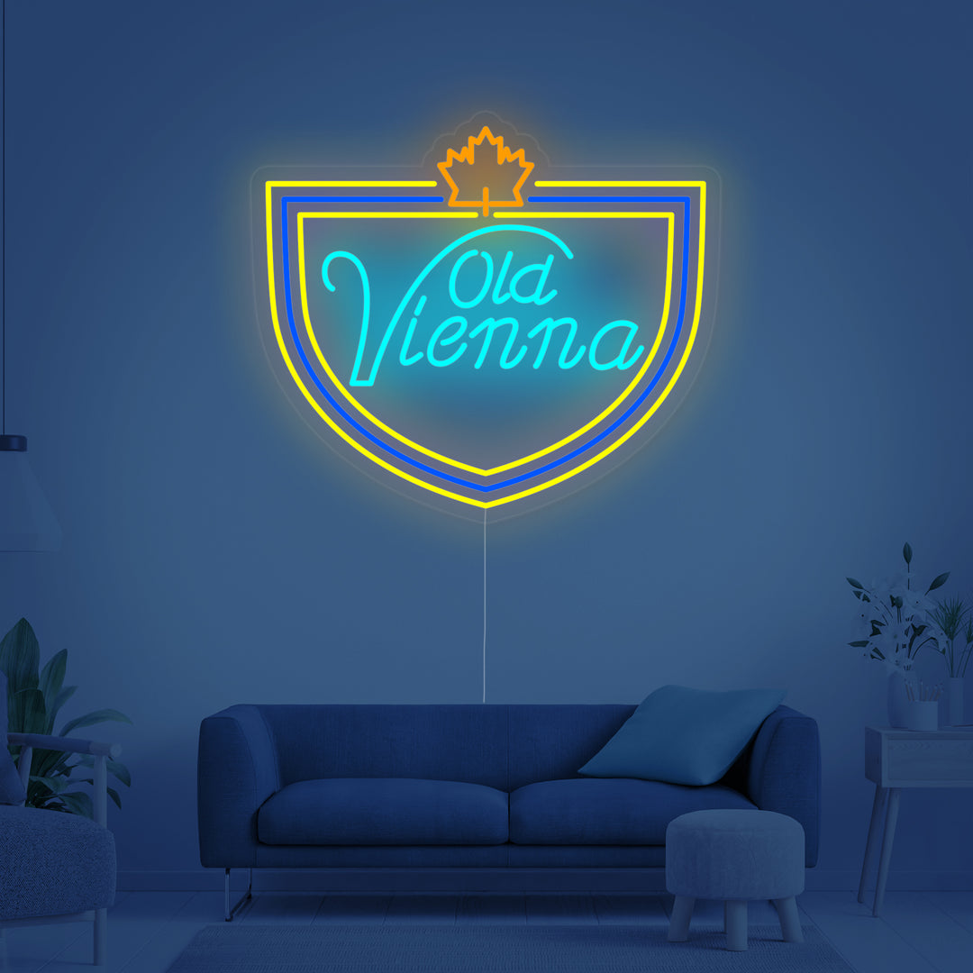 "Lagerbier, tolles kanadisches Bier, Old Vienna" Neonschrift