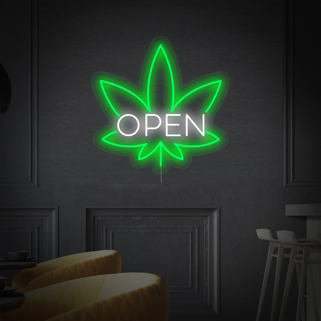OPEN Marijuana Neonschrift, OPEN Marijuana Leuchtreklame, OPEN Marijuana Leuchtschild
