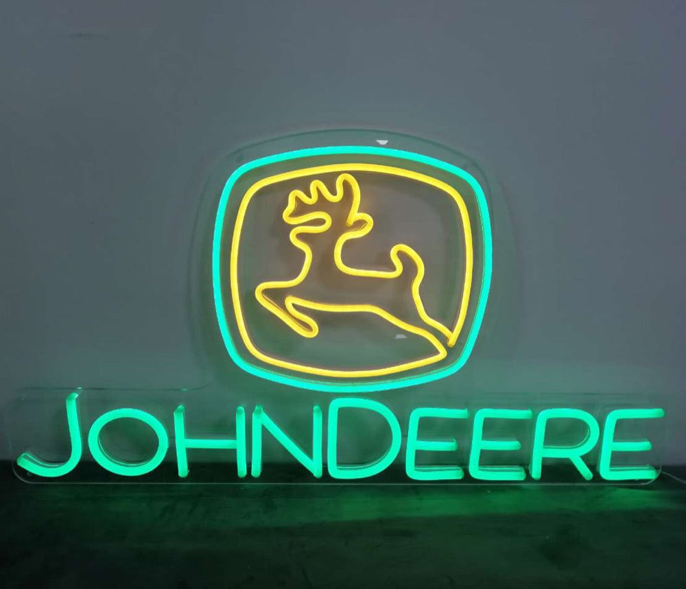 Fertiges John Deere Logo-Neonschild in Grün und Gelb