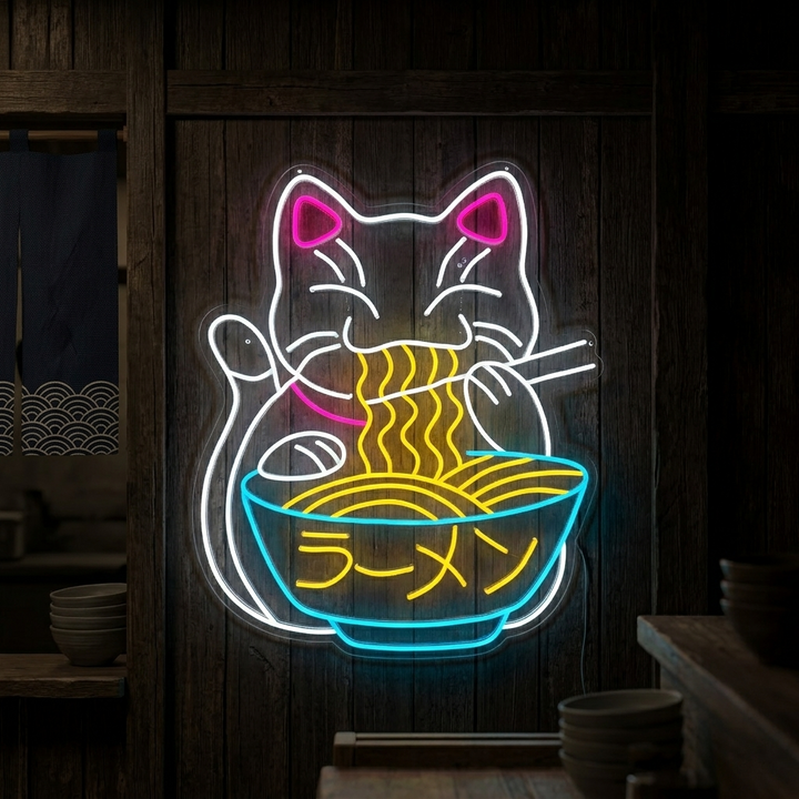 "Glückskatze Isst Ramen Und Japanische Nudeln" Neonschrift