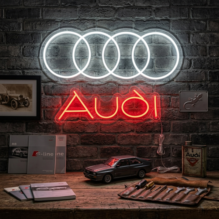"Aud-Logo Mit Vier Kreisen" Neonschrift