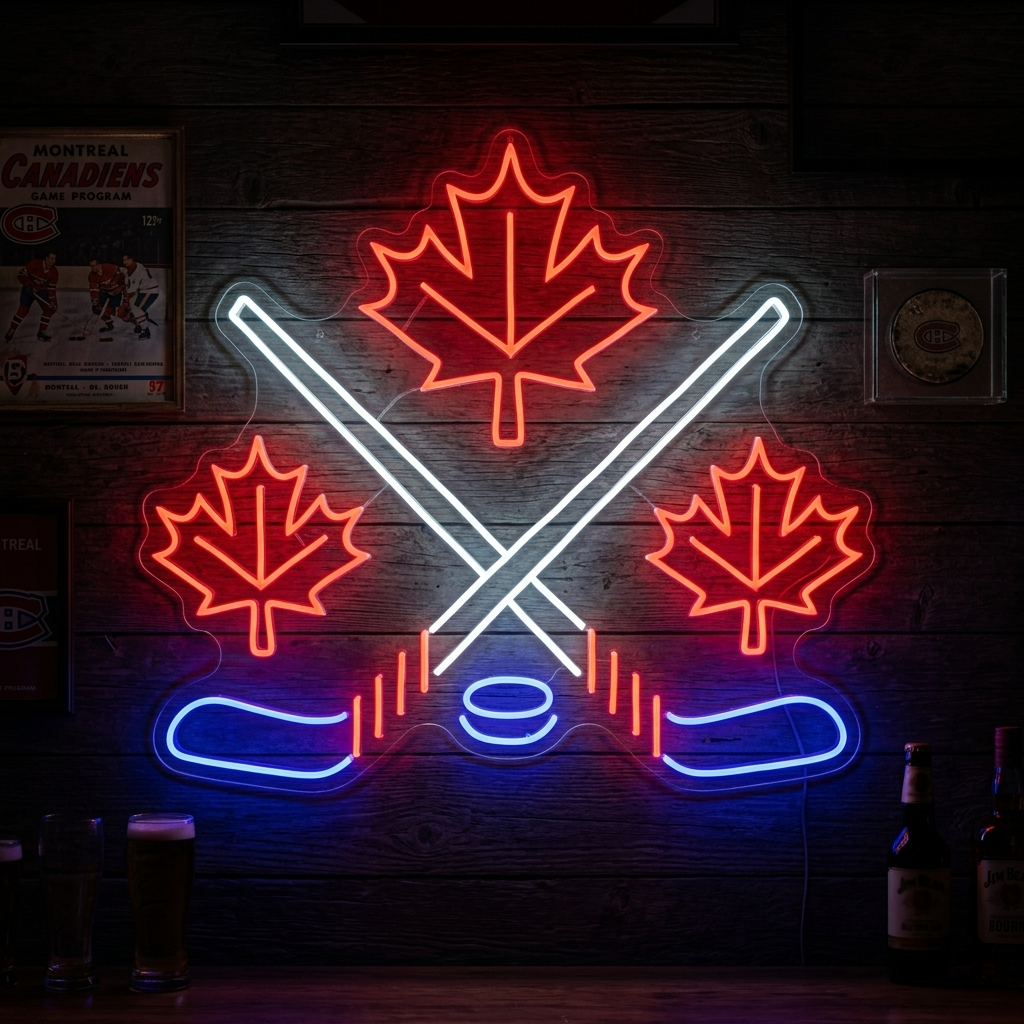 "Ahornblätter Mit Gekreuzten Eishockeyschlägern" Neonschrift