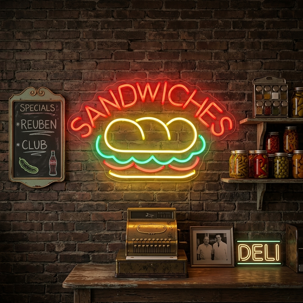 "SANDWICHES, Essen" Neonschrift