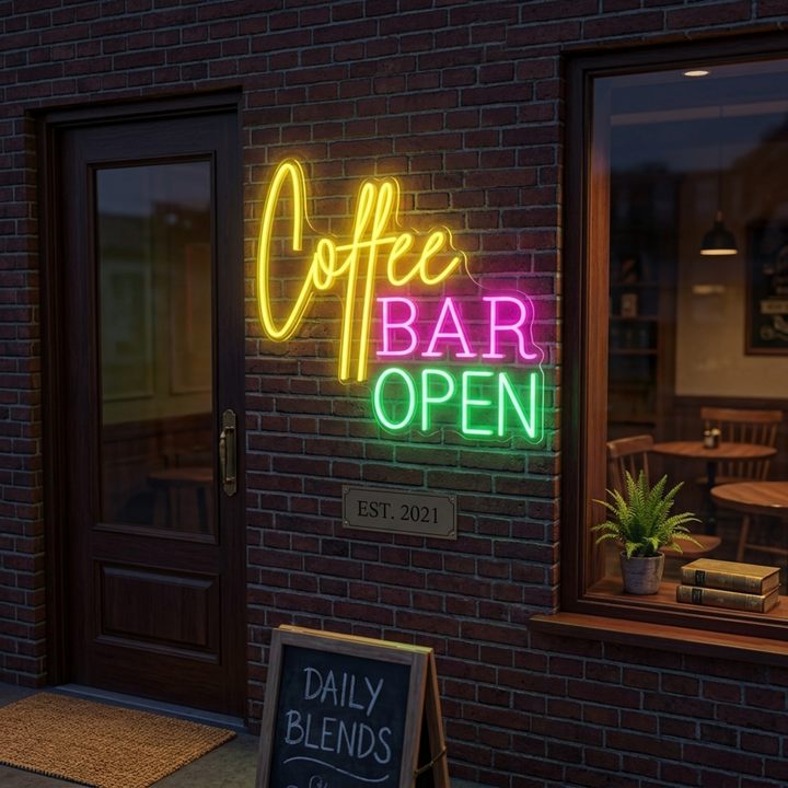 "Coffee Bar Open" Neonschrift