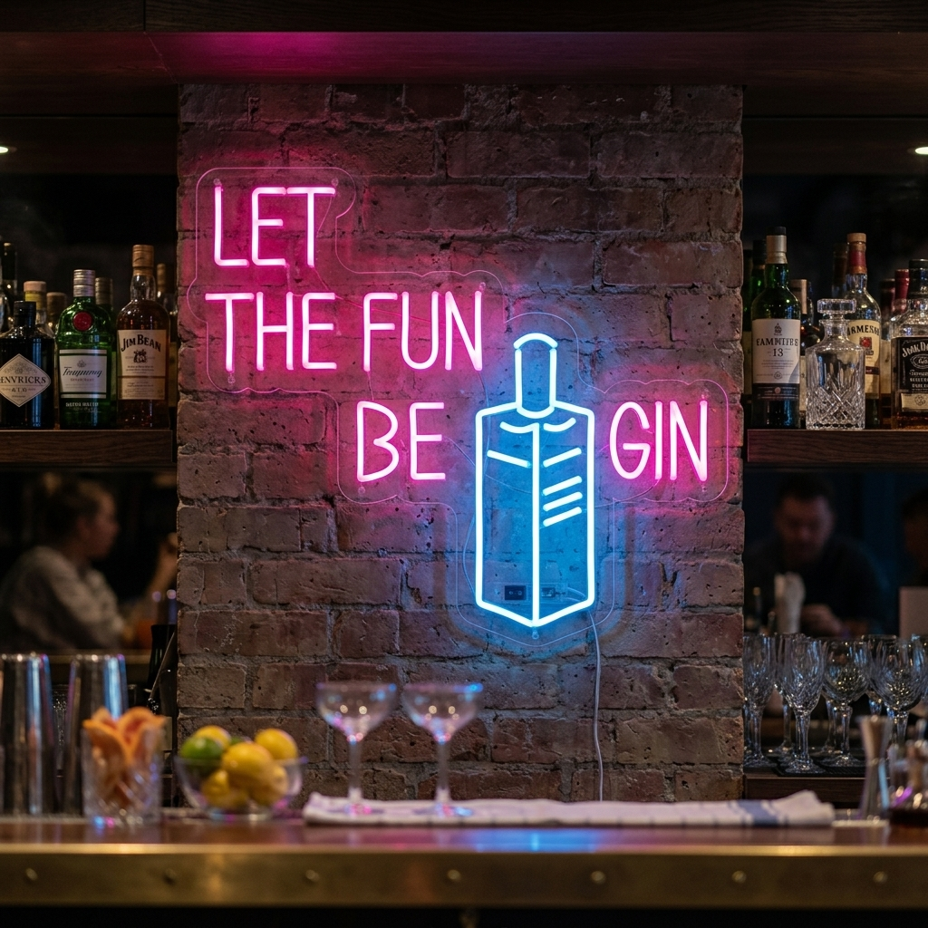 "Let Fun Be Gin Flasche Bierbar" Neonschrift