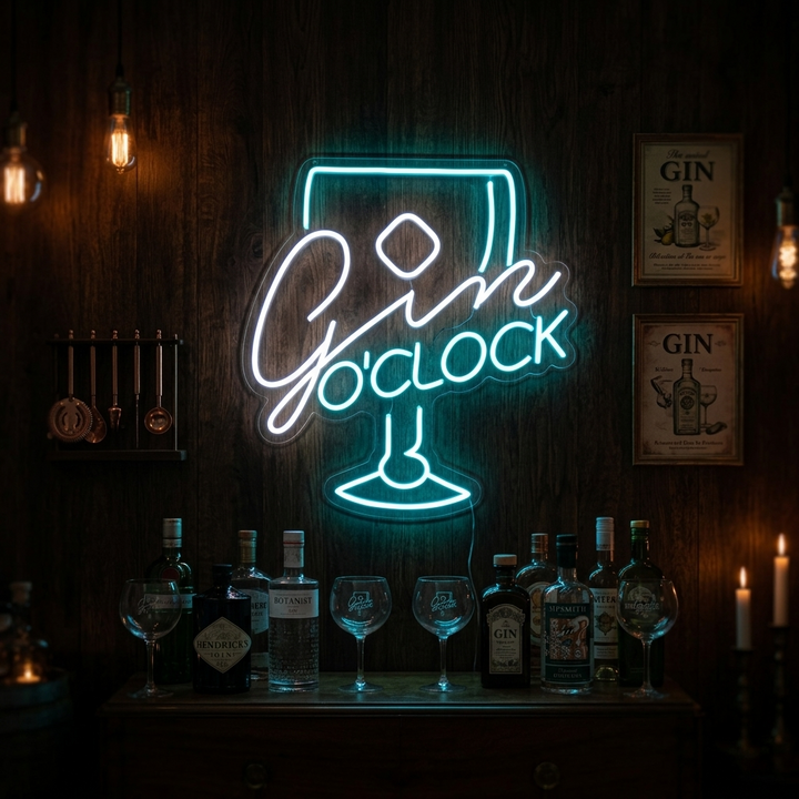 "Gin Oclock Glas" Neonschrift