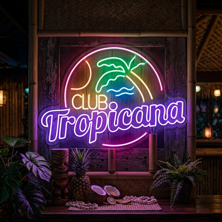 "Club Tropicana Strand, Palme, Bar" Neonschrift