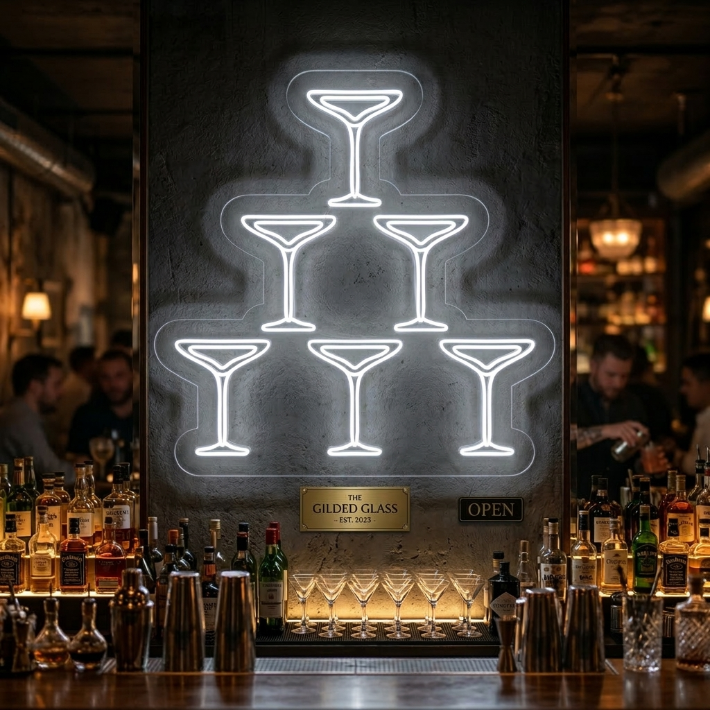 "Champagnergläser, Pyramide, Bar" Neonschrift