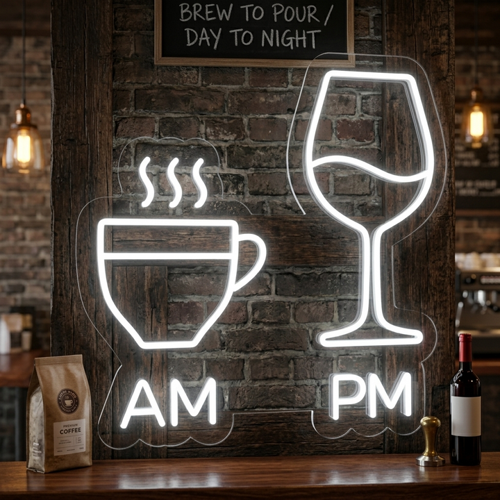 "AM, PM, Kaffeetassen, Weingläser, Bar" Neonschrift