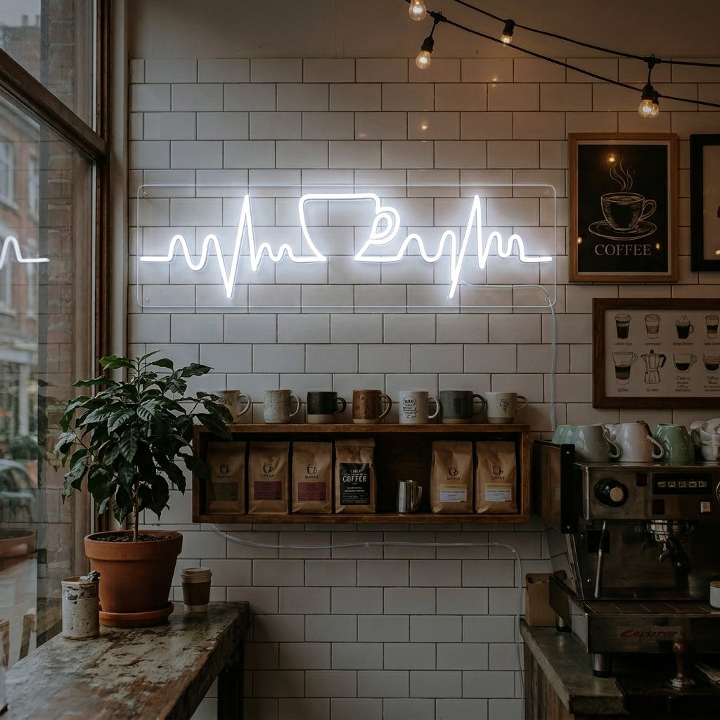 "Kaffee Herzklopfen" Neonschrift