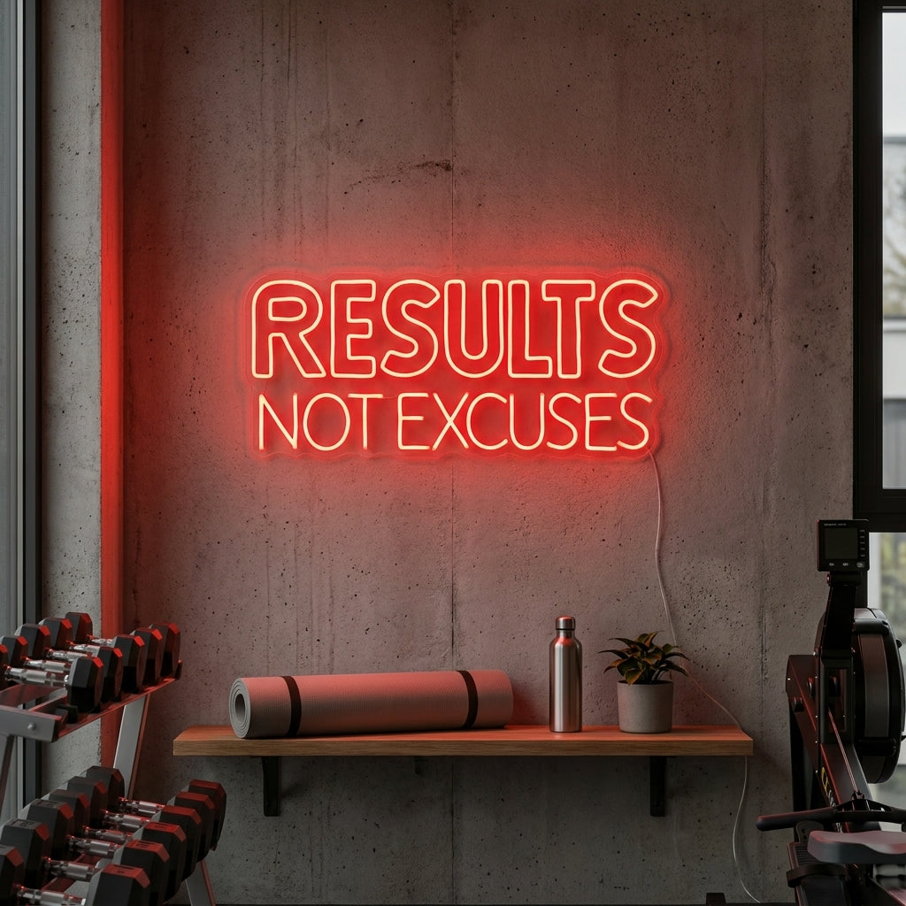 "Results Not Excuses, Fitnessstudio Dekoration, Fitnessstudio Zitate, Fitness Zitate, Workout Zitate" Neonschrift