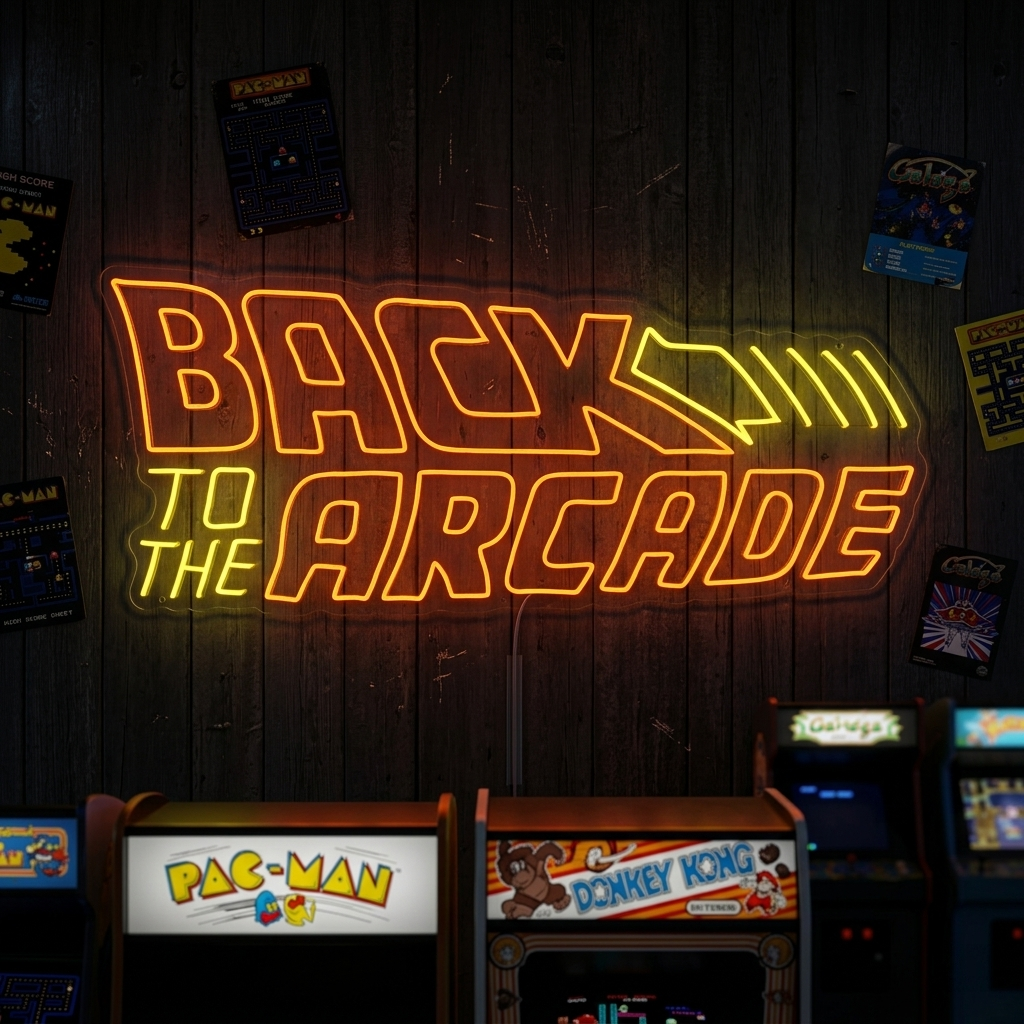 "Back To The Arcade, Spielzimmerdekor" Neonschrift, Arcade Leuchtreklame, Arcade Leuchtschild