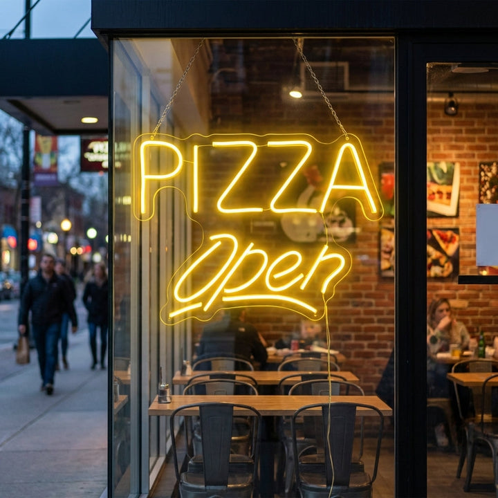 "Pizza Open" Neonschrift, Pizza Leuchtreklame, Pizza Leuchtschild