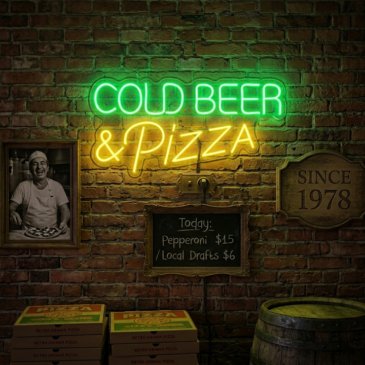 "Cold Beer Pizza" Neonschrift, Pizza Leuchtreklame, Pizza Leuchtschild