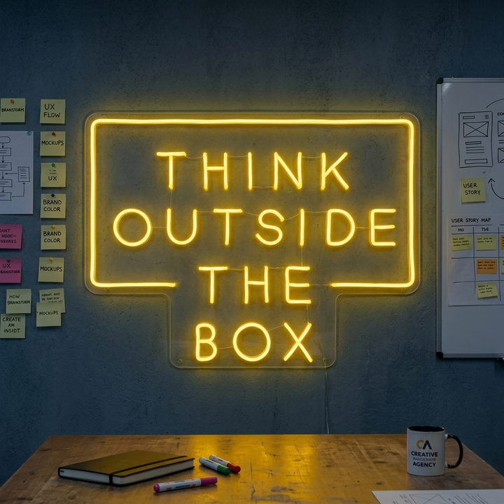 "Think Outside The Box" Neonschrift