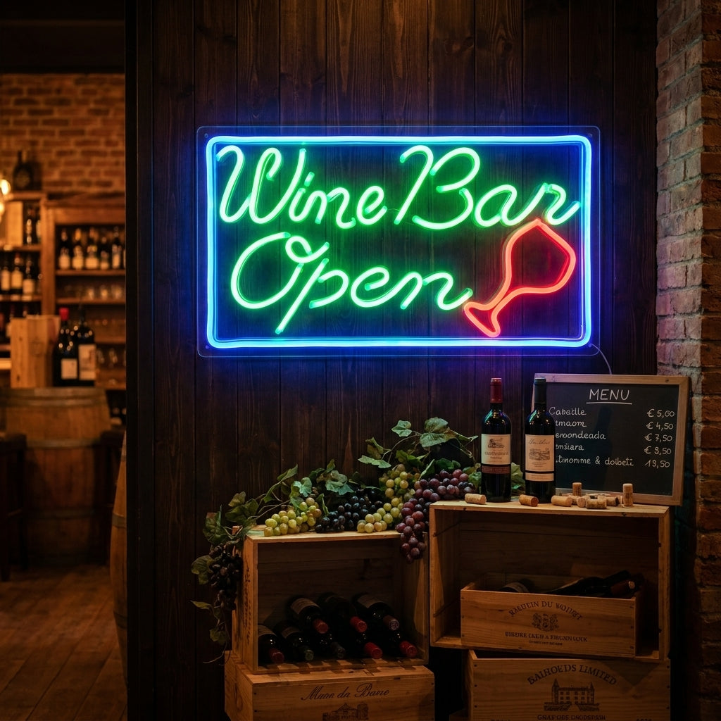 "Wine Bar Open" Neonschrift