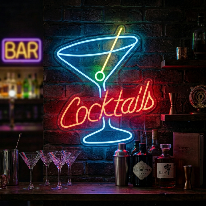 "Cocktails, Martini-Glas" Neonschrift, Cocktailschild, Cocktail Leuchtreklame