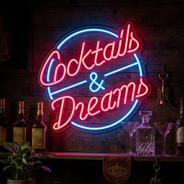 "Cocktails And Dreams" Neonschrift, Cocktailschild, Cocktail Leuchtreklame