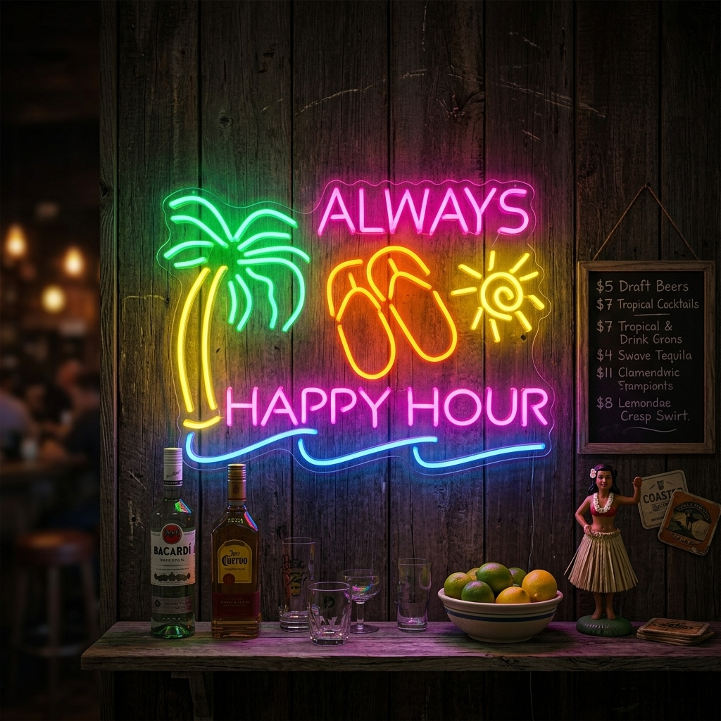 "Always Happy Hour" Neonschrift, Happy Hour Leuchtreklame, Happy Hour Leuchtschild