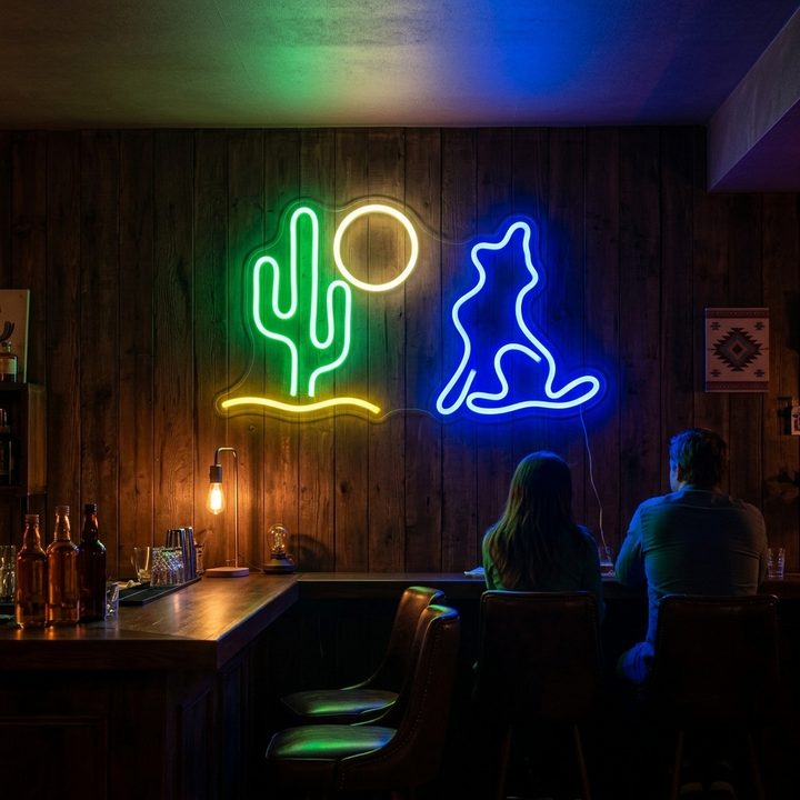 "Kaktus, Mond, Wolf" Neonschrift