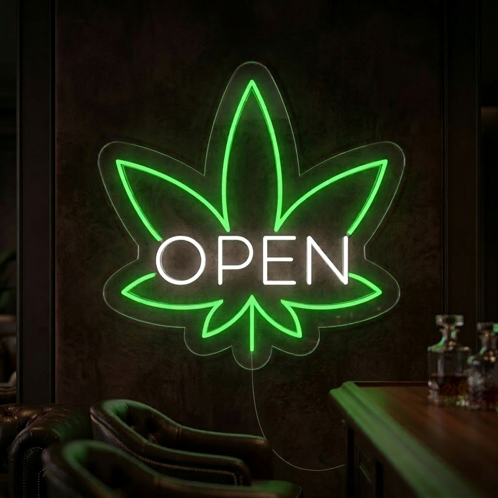 OPEN Marijuana Neonschrift, OPEN Marijuana Leuchtreklame, OPEN Marijuana Leuchtschild