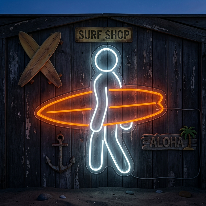 "Mann Trägt Ein Surfbrett Beim Surfsport" Neonschrift