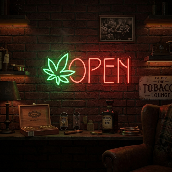 "OPEN Marijuana" Neonschrift, Marijuana Leuchtreklame, Marijuana Leuchtschild