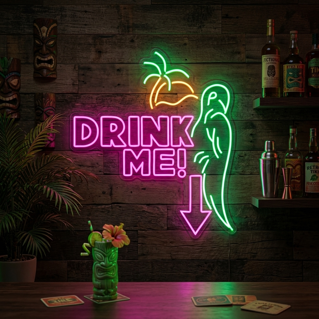 "Papagei, Drink Me" Neonschrift