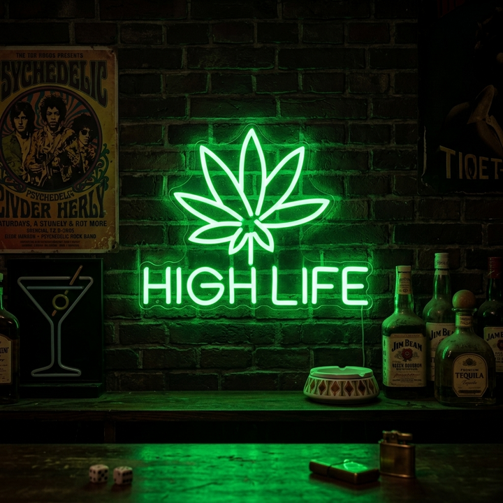 "Marijuana High Life" Neonschrift, Marijuana Leuchtreklame, Marijuana Leuchtschild