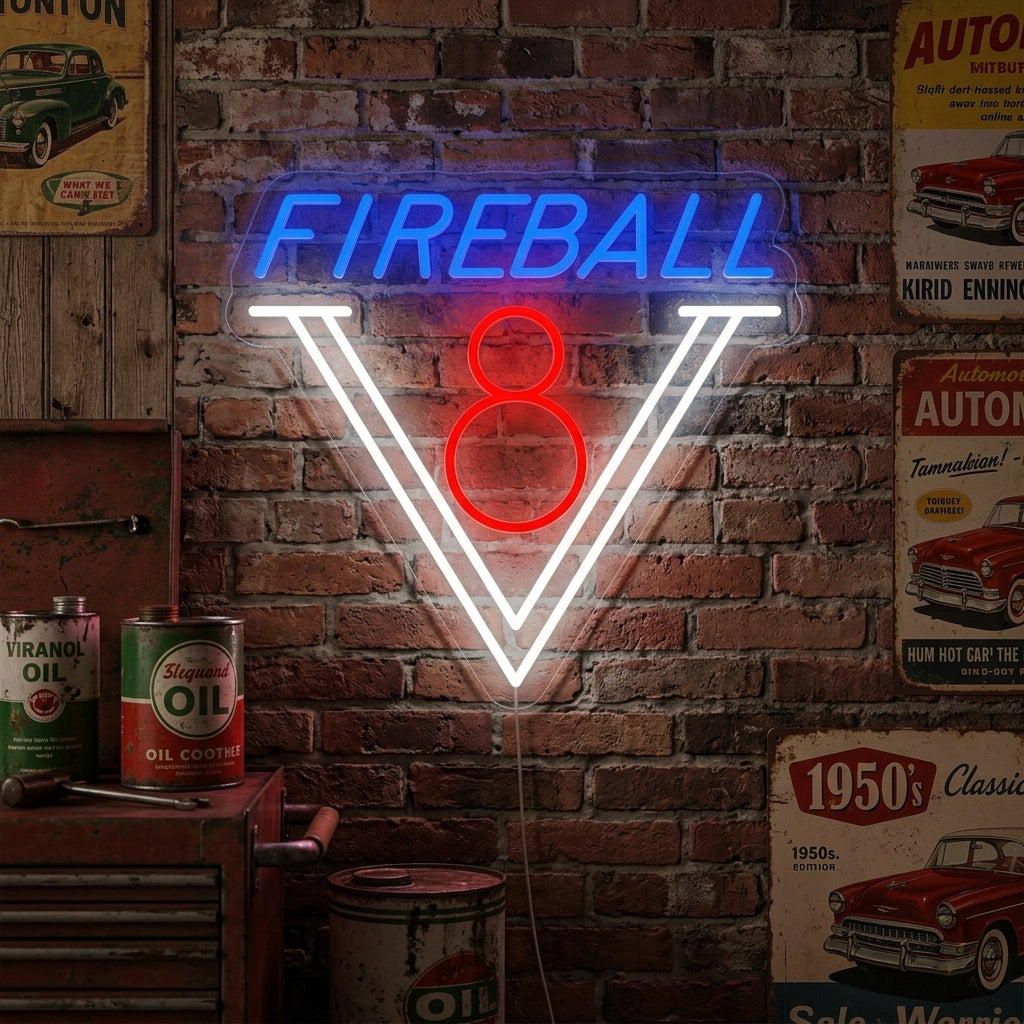 "1950Er Fireball V8 Auto" Neonschrift