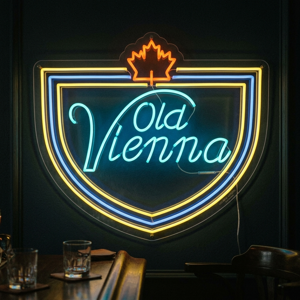 "Lagerbier, tolles kanadisches Bier, Old Vienna" Neonschrift
