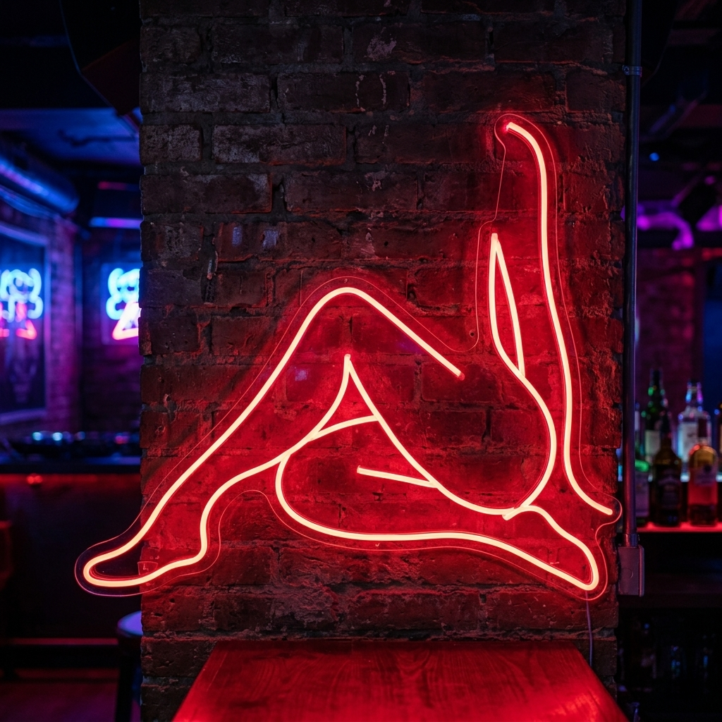 "Nacktes Mädchen In Eleganter Pose Sitzend" Neonschrift