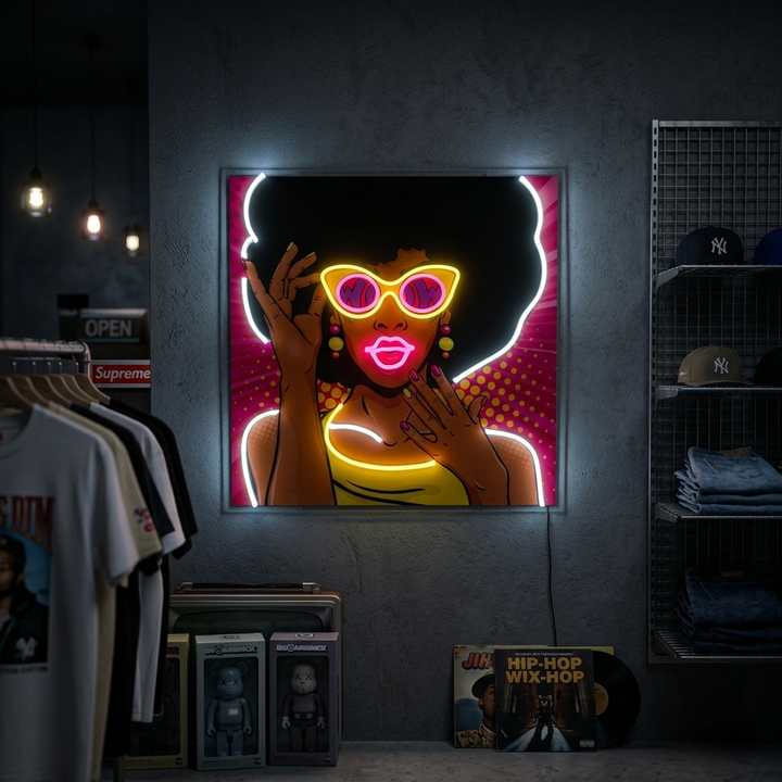 "Afroamerikanische Mädchen der 50er Jahre, Pop Art" UV-bedruckt LED-Neonschild